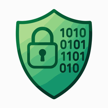 Stylized illustration of a security shield featuring a padlock and binary code representing data protection