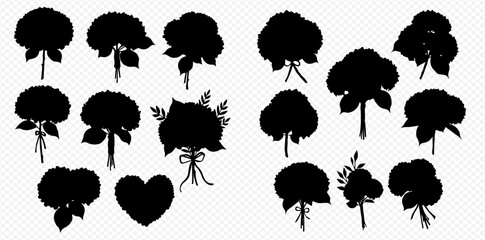 A diverse set of black silhouettes depicting hydrangea flowers, bouquets, and a heart arrangement.