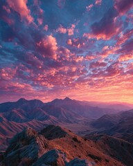 Mountain range at sunset, vibrant pink clouds