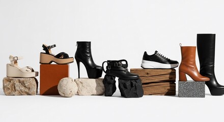 Fashionable Footwear Showcase: Diverse Styles on Natural Stone and Wood Displays