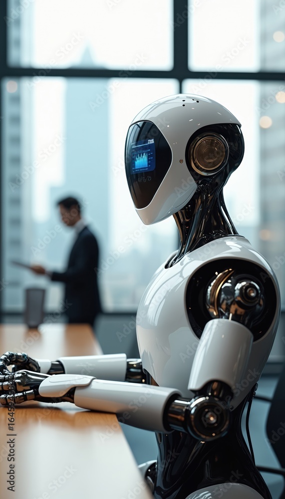 Poster futuristic android robot sits at conference table in modern office. sleek white machine with glowing