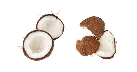 Coconut pieces, broken coco nut isolated, fresh tropical palm fruit slices, open cracked coconut