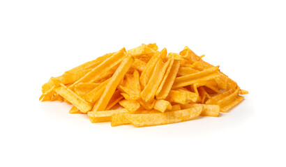 Fried chips sticks isolated, finger potato chips, golden shoestring fries pile, French fries
