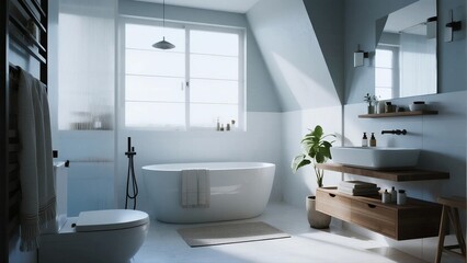 A modern minimalist bathroom features a freestanding tub, natural light, and clean lines with neutral tones.