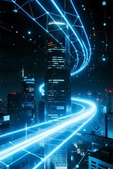 A futuristic cityscape illuminated by glowing digital networks and light trails, showcasing advanced urban technology and connectivity.