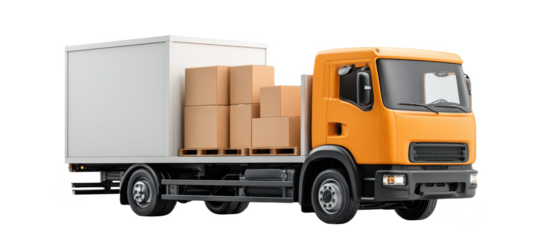 A bright orange delivery truck with a cargo area filled with cardboard boxes.