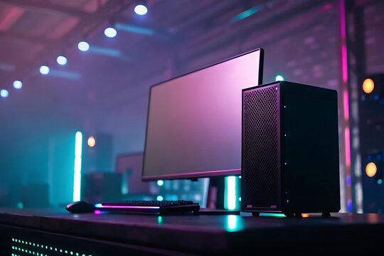 A modern gaming setup featuring a sleek computer, monitor, keyboard, and mouse, illuminated by neon lights in a dedicated gaming room, creating an immersive workspace - Powered by Adobe