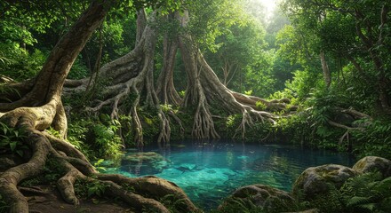 Fototapeta premium Serene hidden jungle oasis with crystal clear turquoise water and ancient trees root system nature concept background