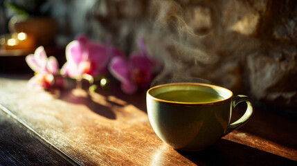 Fototapeta premium Relaxation with a steaming cup of green tea surrounded by flowers indoors in soft lighting