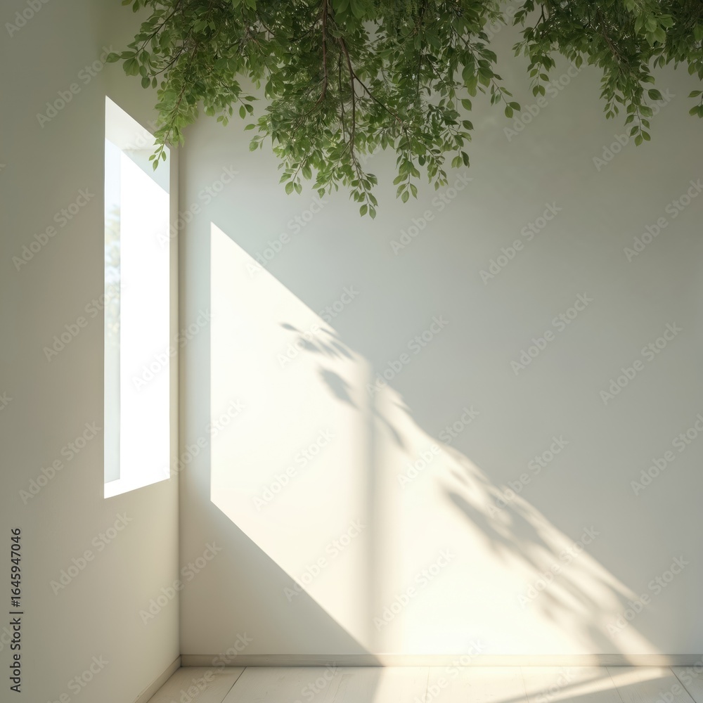 Poster sunlight streams through window casting dappled shadows on white wall. fresh greenery overhead creat