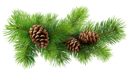 Christmas pine branch with isolated pine cones on transparent background for festive design