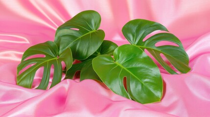 Fototapeta premium Monstera Deliciosa leaves on a vibrant pink silk backdrop creating a serene aesthetic