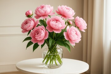 Fototapeta premium Elegant pink peonies in a glass vase on white table with soft natural light and neutral background, evoking calm, beauty and interior decor concept. Ai generative