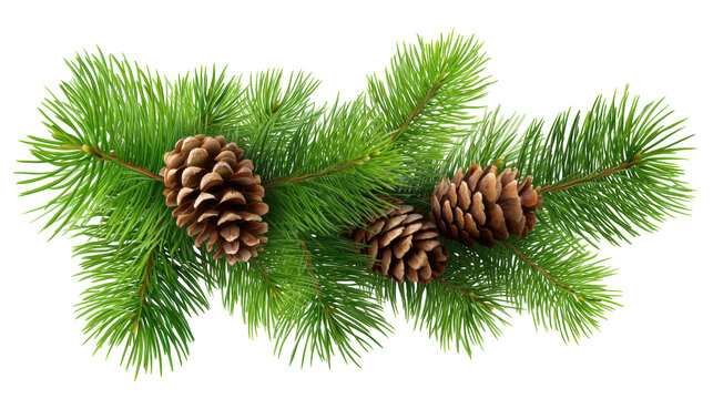 Christmas pine branch with isolated pine cones on transparent background for festive design