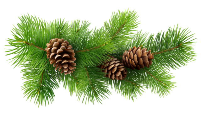 Christmas pine branch with isolated pine cones on transparent background for festive design