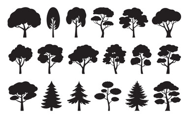 Silhouette of diverse tree species isolated on white background a comprehensive collection of graphic elements for natureinspired designs and illustrations