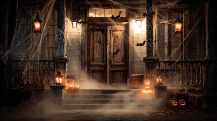 Obraz premium Halloween decorations adorn an old wooden door with spooky ambiance at twilight