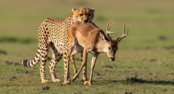 A cheetah with its prey a deer in a field of grass on a bright sunny day in the african savanna plains on transparent background