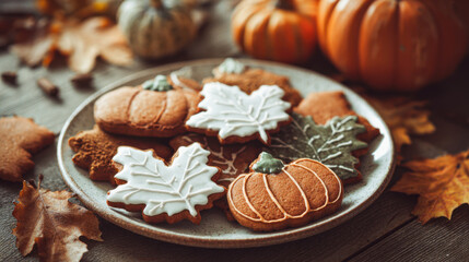 Homemade gingerbread cookies in fall shapes on a rustic wooden table