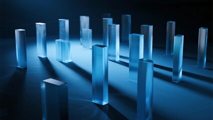 Blue glass columns arranged in geometric pattern on dark background, showcasing translucent texture and symmetric design with light shadows.