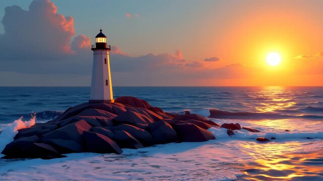 Lighthouse at Sunset: Capturing a breathtaking scene of a solitary lighthouse standing tall on a rocky outcrop, illuminated by the warm, golden rays of a setting sun, reflecting serenity and guidance.
