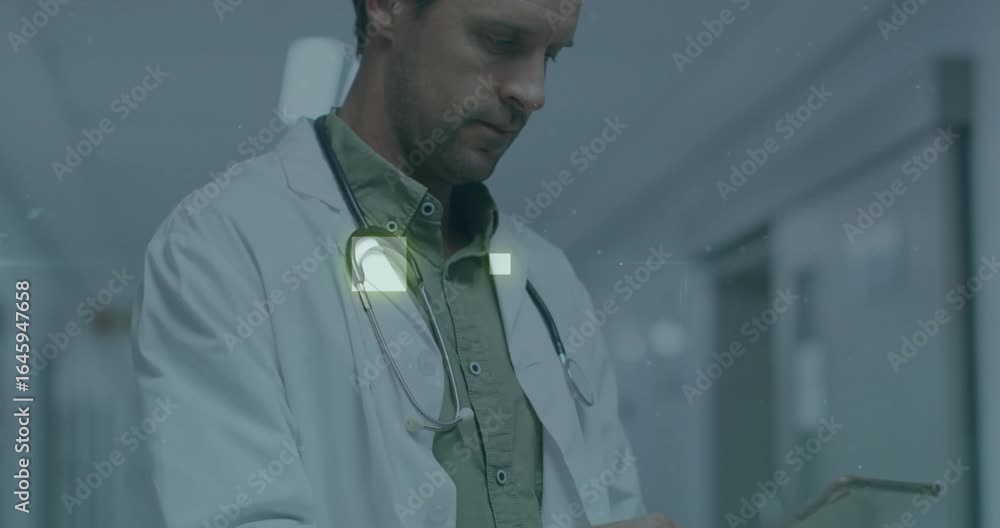 Poster doctor tapping tablet screen while activating glowing green ui elements and studying patient data