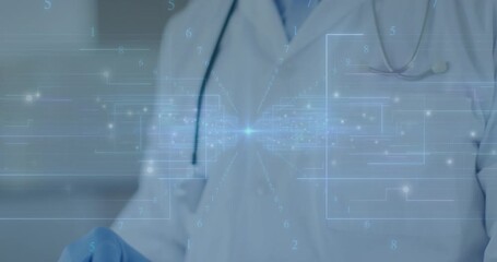 Gloved hands tapping tablet activating floating data, camera zooming revealing doctor gazing - Powered by Adobe