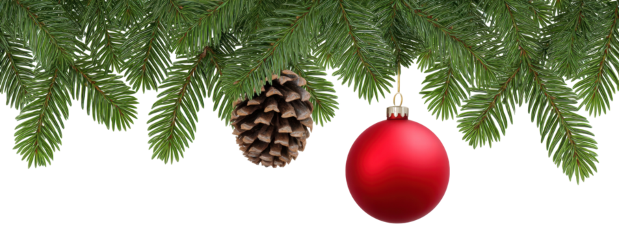 Christmas pine branch with red ball and pine cone isolated on transparent background