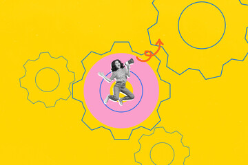 Image pop 3d zine full collage of happy businesswoman stand arrow development career chance promotion hold megaphone startup