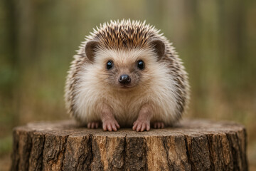 Fototapeta premium Adorable hedgehog sits on a weathered tree stump in a forest