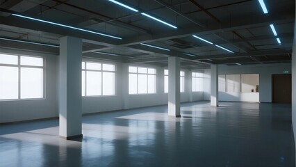 Obraz premium An empty modern office interior with bright windows, white pillars, and clean floors, suitable for commercial use.