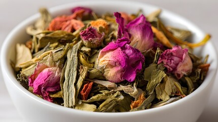 Close-up of a bowl of blended tea leaves.