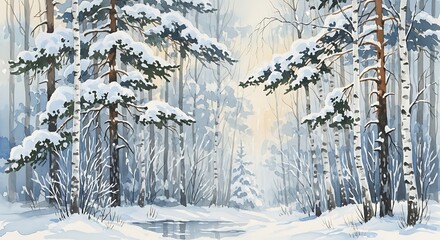A watercolor painting of a snowy forest with birch and pine trees covered in snow on a winter day
