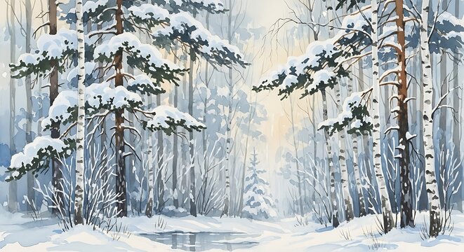 A watercolor painting of a snowy forest with birch and pine trees covered in snow on a winter day