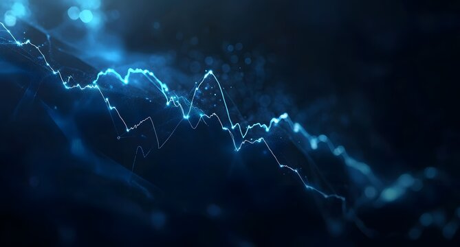 Abstract stock market chart background with blue glowing lines and candlestick graph on a dark background. Business illustration for financial data