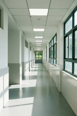 A long, bright corridor in a modern school building with white walls, ceiling panels, and large windows allowing natural light.