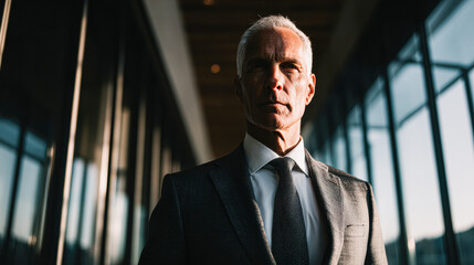 Fototapeta premium A confident businessman stands in a sleek corridor, illuminated by dramatic lighting, exuding professionalism and authority.
