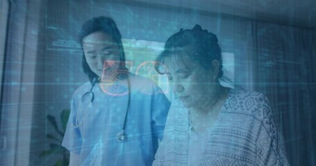 Home health nurse guiding patient initiating device streaming health data and forming 5G overlay - Powered by Adobe