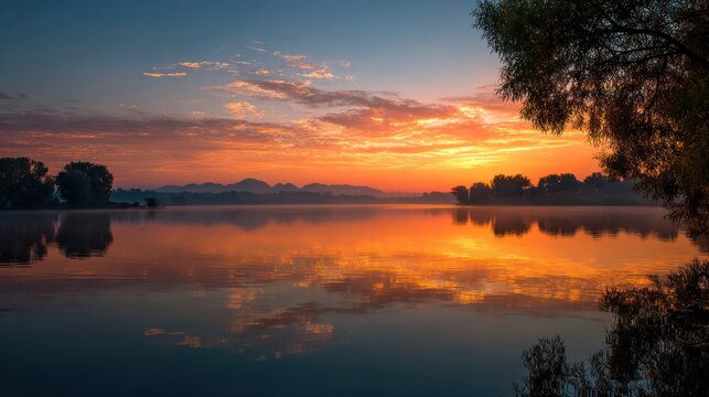 Early morning sunrise over still waters, inspiring peace and relaxation - Powered by Adobe