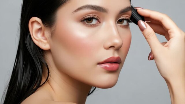 A beautiful young woman with flawless skin and natural makeup, looking thoughtfully into the distance with her hand gently touching her forehead