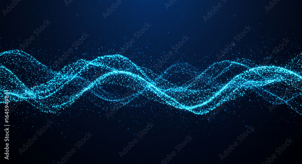 Poster abstract blue background with flowing, wavy lines of sparkling particles, creating a dynamic and eth