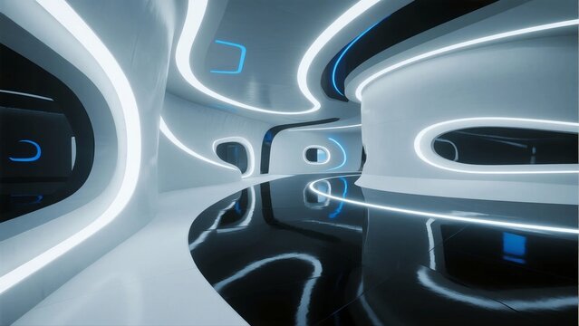 A futuristic white curved corridor with glowing blue neon lines, featuring reflective black floor and modern geometric shapes, showcasing advanced interior design and technology.