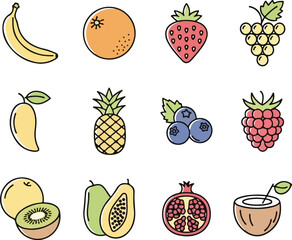 Colorful Fruit Icons Set Hand Drawn Cartoon Vector of Tropical and Berry Fruits.