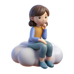 3D Rendered Cartoon Girl Sitting on a Cloud with Hand on Chin on Black Background child isolated on a transparent background