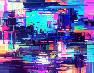 Obraz premium 情報都市の神経網が焼き切れる瞬間、ビル群はピクセル化し、空間はノイズの津波に飲み込まれるアブストラクトなイメージ