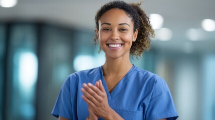 A cheerful healthcare worker in blue scrubs, smiling and clapping hands in a modern medical facility. The atmosphere is positive and welcoming.