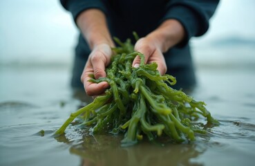 Hands gather fresh green seaweed from shallow ocean water. Sustainable harvesting of aquatic plants signifies connection to nature, healthy coastal living. Seaweed nutrient-rich food source,
