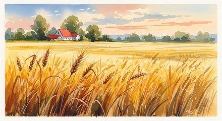 Watercolor painting of a wheat field with a house and trees in the background at sunset time scene