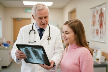 A senior doctor explains a chest X-ray to a young female patient in a clinic setting, focusing on medical examination and diagnosis.