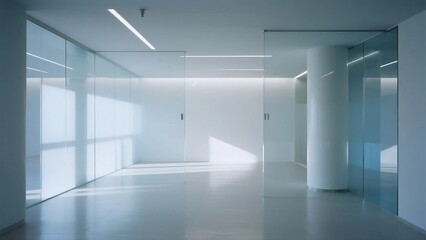 Fototapeta premium A modern, minimalist interior space with glass walls allowing natural light, featuring clean lines and a bright atmosphere.